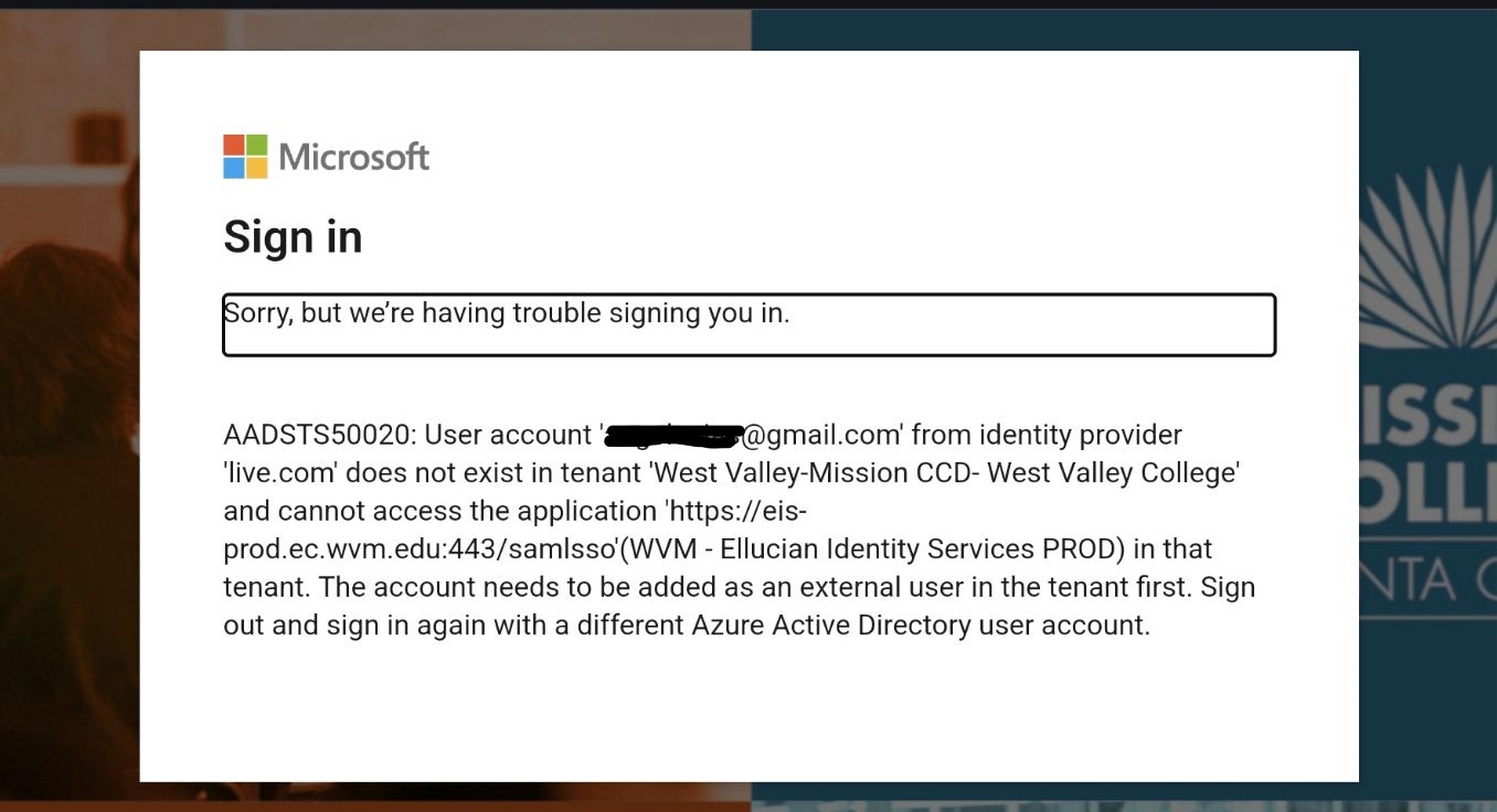 User account 'xxxx@gmail.com' from identity provider 'live.com' does not exist in tenant