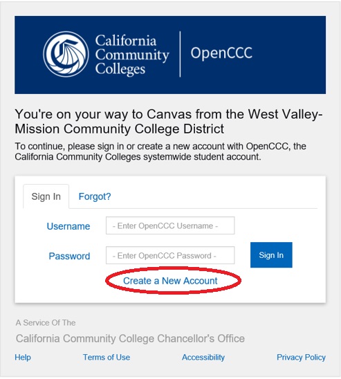 OpenCCC Sign in page. You're on your way to Canvas from the West Valley-Mission Community College District. To continue, please sign in or create a new account with OpenCCC, the California Community Colleges systemwide student account.