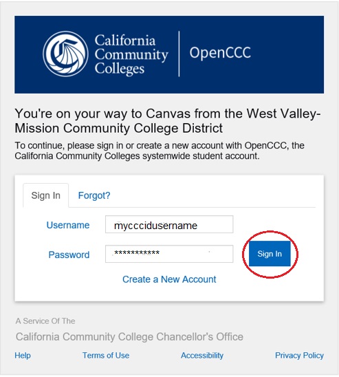 OpenCCC login page with username and password filled out, and sign in button hightlighted.