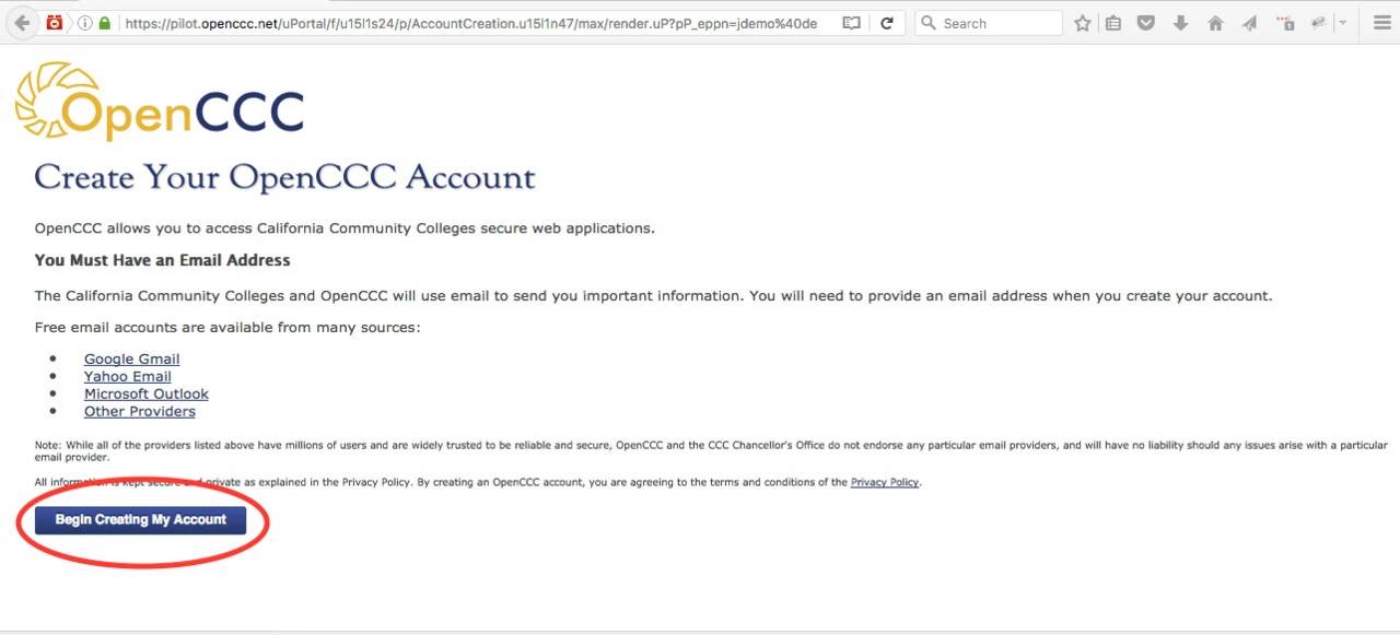 Create OpenCCC Account form with 'Begin Creating My Account' highlighted