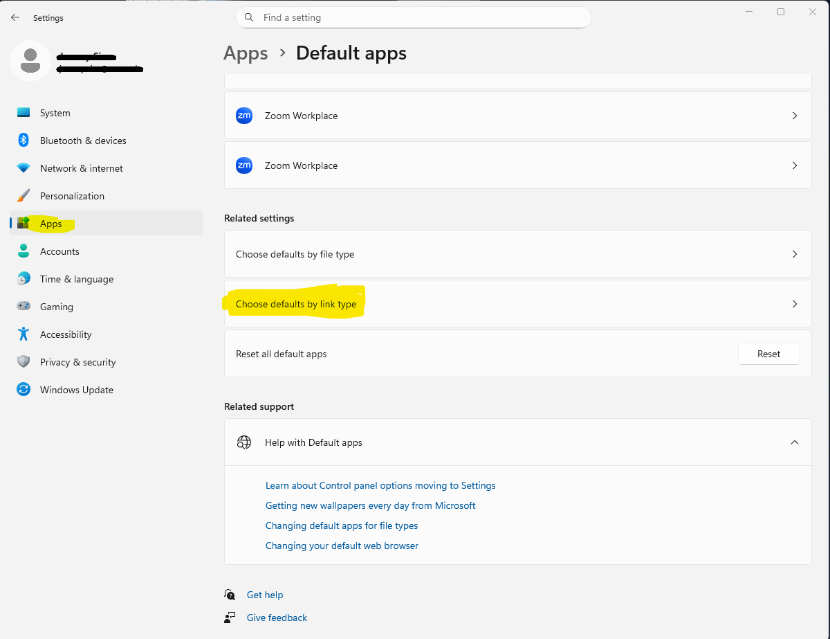 Windows Settings → Apps → Default apps. The link 'Choose defaults by link type' is highlighted.